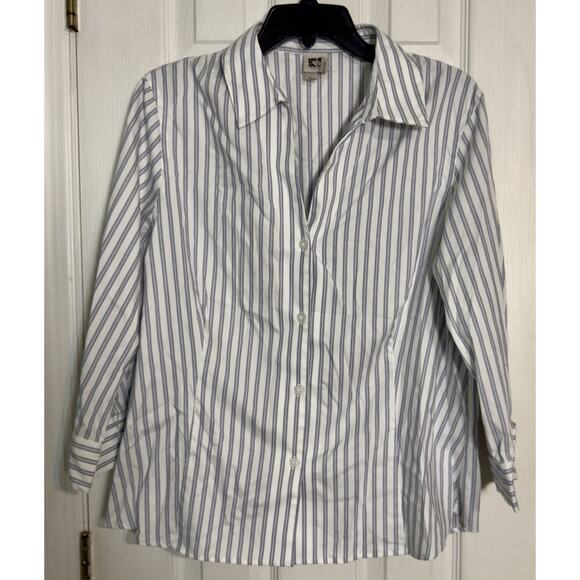 Anne Klein White Button Up Long Sleeve Blouse, Gray Stripes, XL - Picture 1 of 5